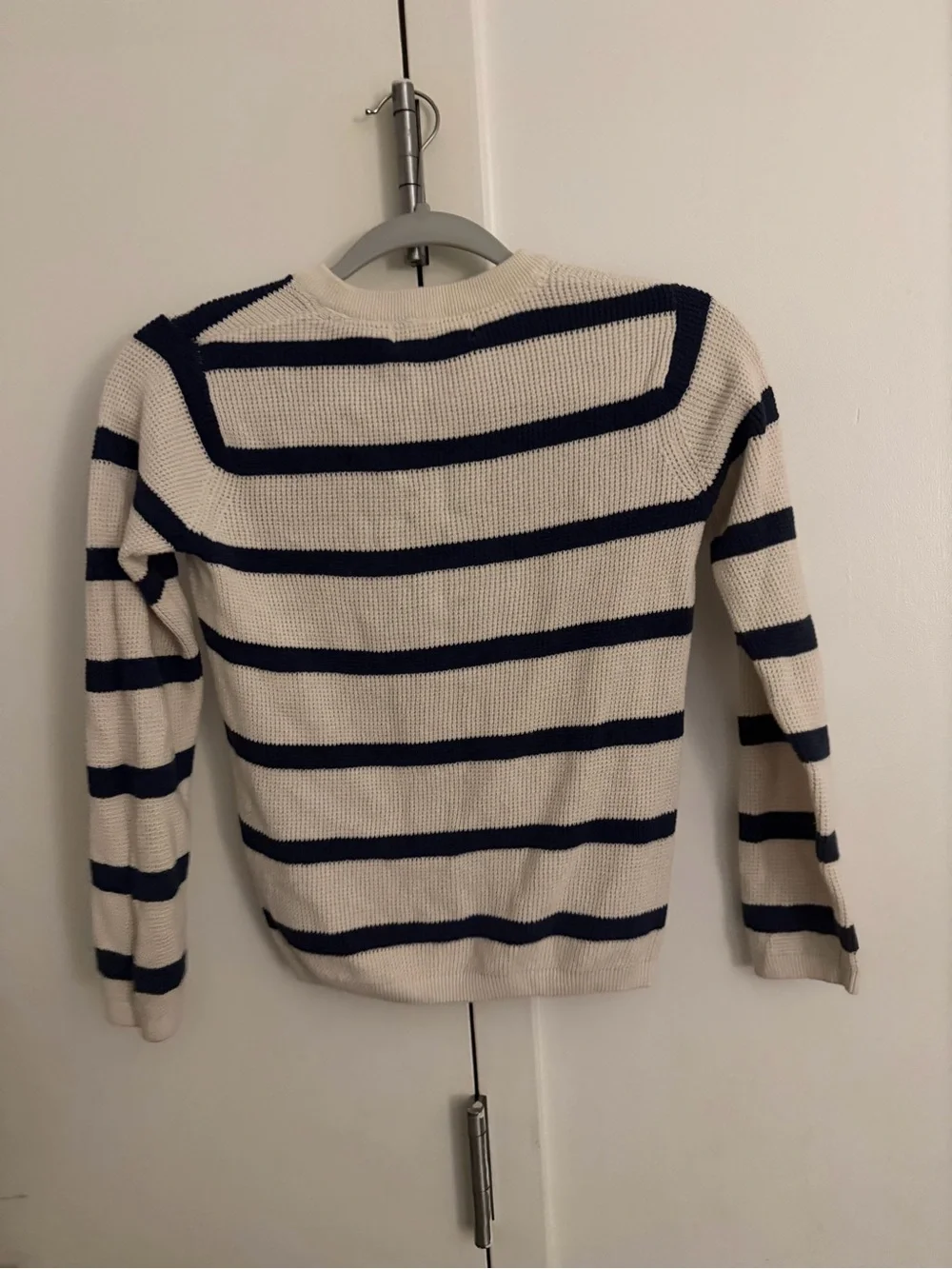 H&M kid’s Cream and Navy Striped Crewneck Henley Sweater